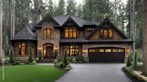 Modern North American home exterior in Vancouver showcasing architectural elegance, landscaped yard, and driveway surrounded by lush greenery