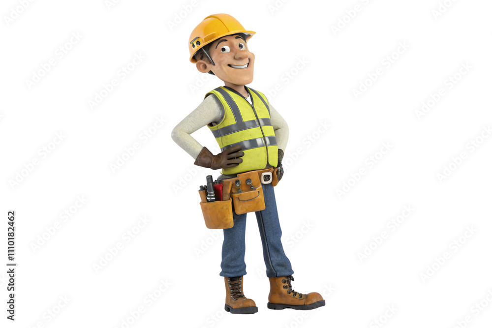 Animated construction worker in a yellow helmet, reflective vest, tool belt, gloves, boots, confidently standing with hands on hips, isolated on a transparent background Animated construction worker in a yellow helmet, reflective vest, tool belt, gloves, boots, confidently standing with hands on hips, isolated on a transparent background