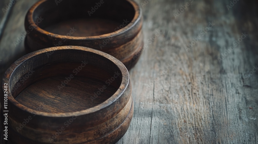 Close up of rustic brown wooden bowls on a textured gray wooden table highlighting traditional craftsmanship and natural materials Close up of rustic brown wooden bowls on a textured gray wooden table highlighting traditional craftsmanship and natural materials