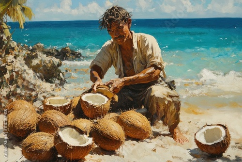 Man Chopping Fresh Coconuts on a Tropical Beach