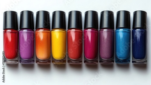 Vibrant collection of colorful nail polishes displayed in a row on a white background for beauty and cosmetics concepts