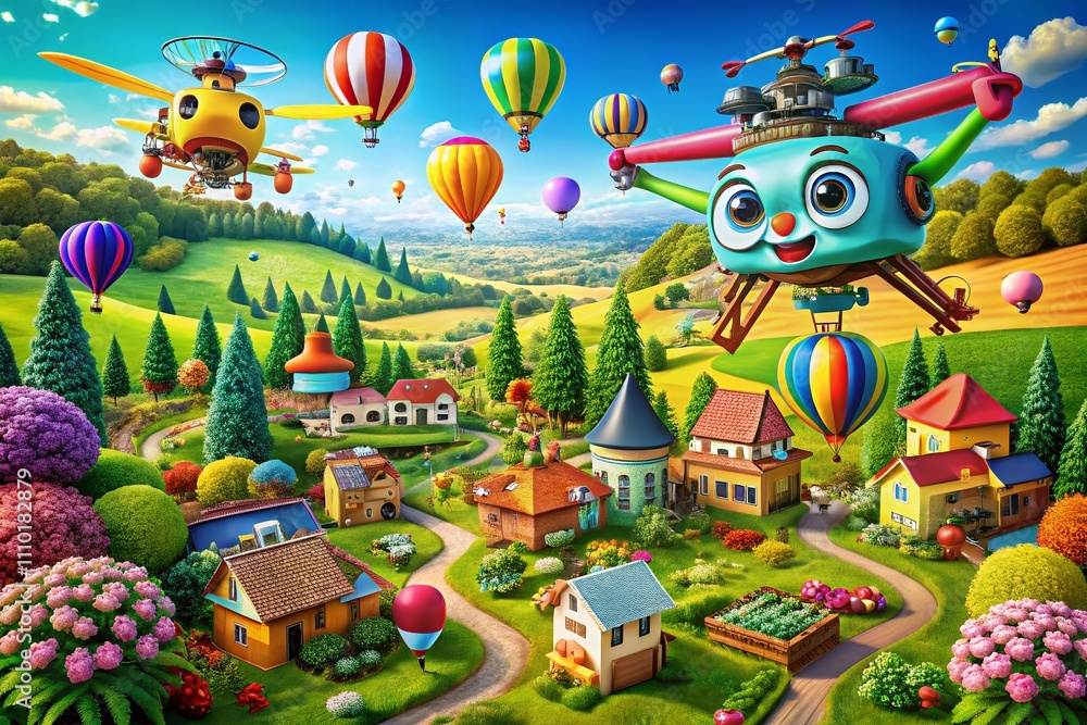 Obraz premium Aerial View of Whimsical and Comical Clip Art Elements in a Vibrant, Colorful Landscape Captured with Drone Photography, Showcasing Humor and Creativity from Above