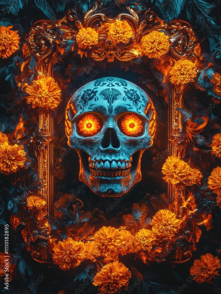 Blue Skull with Orange Flowers Blue Skull with Orange Flowers