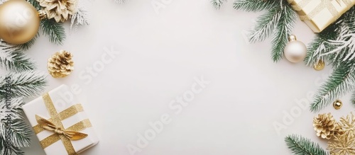 Blank Holiday Table Arrangement with Christmas Decorations and Gifts Aerial View for Card or Menu Design photo