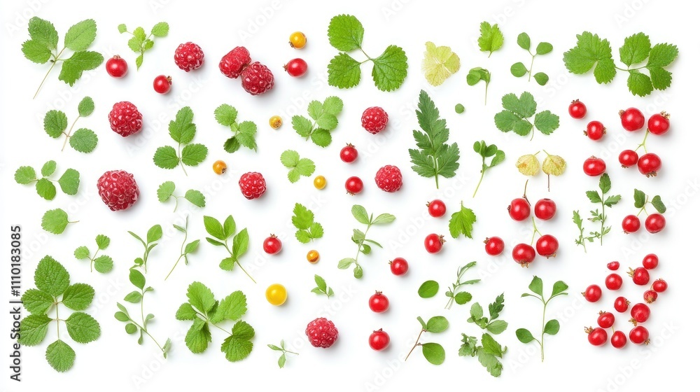 Freshly harvested cowberries and forest herbs arranged artistically on a white background showcasing vibrant colors and natural textures. Freshly harvested cowberries and forest herbs arranged artistically on a white background showcasing vibrant colors and natural textures.