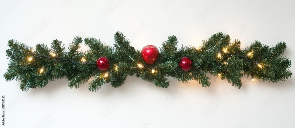 Festive green cedar branches adorned with lights and red apples against a clean white backdrop for holiday decorations or seasonal arrangements Festive green cedar branches adorned with lights and red apples against a clean white backdrop for holiday decorations or seasonal arrangements