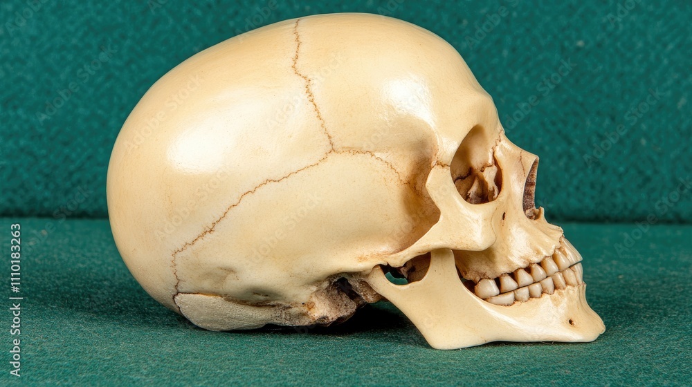 Fototapeta premium Detailed anatomical human skull model showcasing realistic features for educational purposes and medical illustrations.