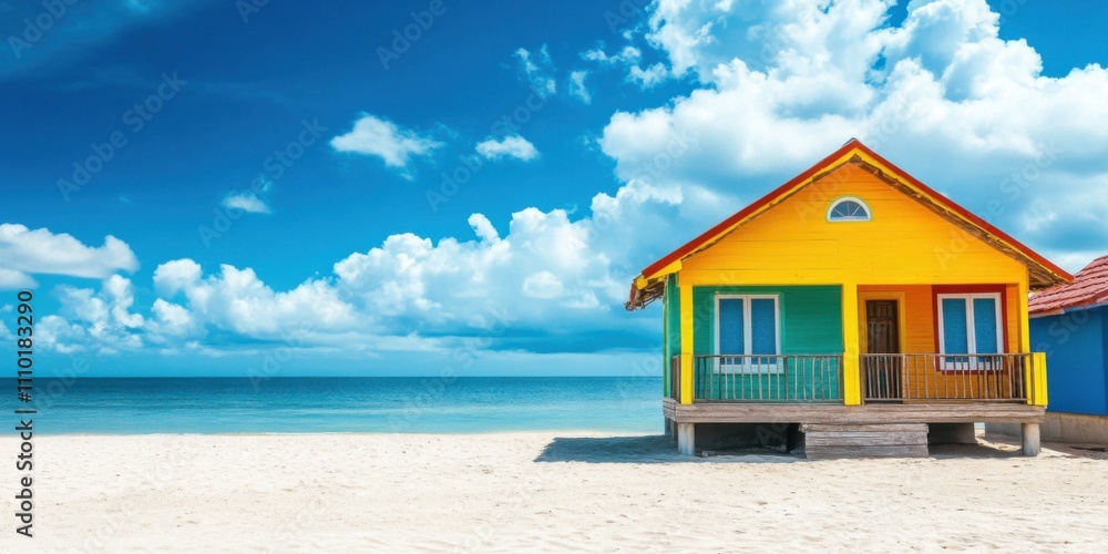 Obraz premium Vibrant Beach House Under a Sunny Sky: Tropical Paradise Getaway