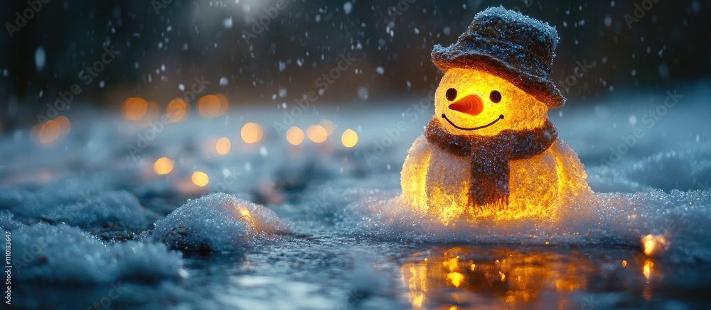 Festive Snowman with Light Decoration in Winter Wonderland Setting Festive Snowman with Light Decoration in Winter Wonderland Setting
