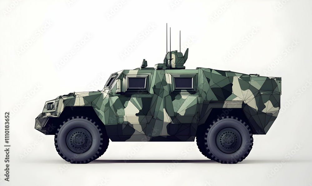 A low-poly military vehicle in camouflage design, emphasizing modern transport aesthetics. A low-poly military vehicle in camouflage design, emphasizing modern transport aesthetics.