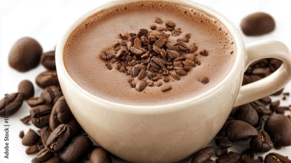 Close up view of a cup of coffee with coffee beans on the side set against a clean white background for a cozy cafe atmosphere Close up view of a cup of coffee with coffee beans on the side set against a clean white background for a cozy cafe atmosphere