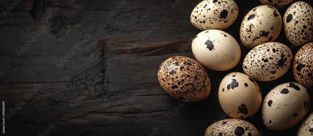 Obraz premium Quail eggs with speckled shells arranged on a rustic dark wooden background for Easter-themed decorations and culinary presentations