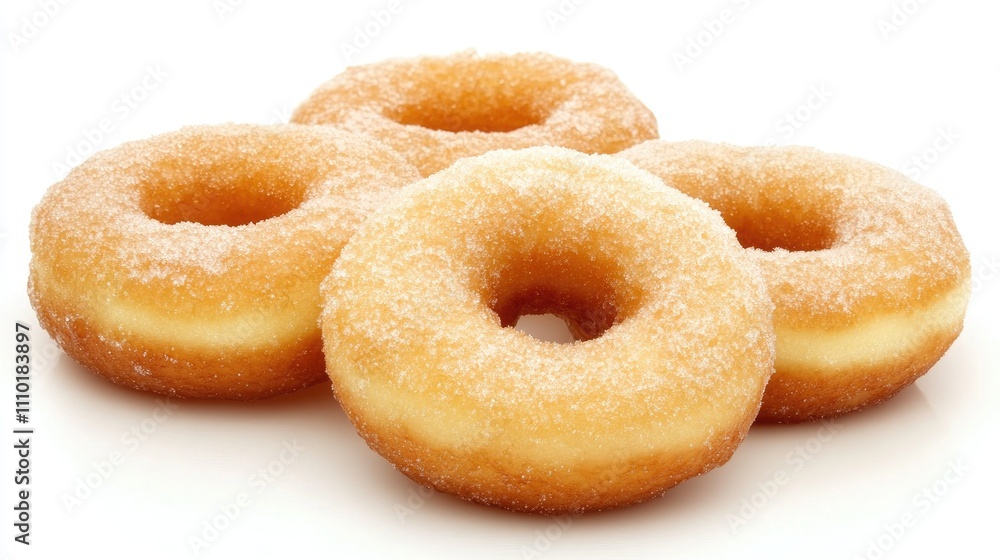 Delicious freshly baked donuts arranged appealingly on a clean white background showcasing their sugary texture and golden color. Delicious freshly baked donuts arranged appealingly on a clean white background showcasing their sugary texture and golden color.