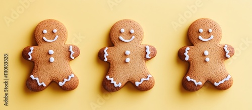 Gingerbread cookies arranged on a bright yellow background symbolizing festive holiday cheer and traditional Christmas baking. photo