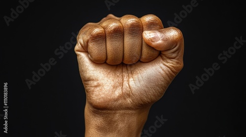 Symbolic raised fist representing the struggle against racism and the fight for equality in society on a dark background. photo