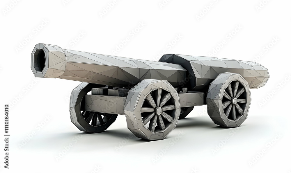 A low-poly cannon model on wheels, representing historical artillery design. A low-poly cannon model on wheels, representing historical artillery design.
