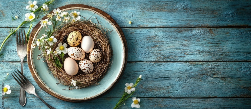 Easter dinner arrangement with quail eggs in a nest, flowers, silverware, and bunny on a rustic blue wooden table for Spring celebration. Easter dinner arrangement with quail eggs in a nest, flowers, silverware, and bunny on a rustic blue wooden table for Spring celebration.