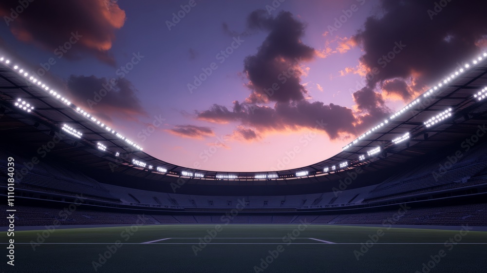 An empty stadium at dusk, with the sky transitioning from light to dark, and stadium lights beginning to glow An empty stadium at dusk, with the sky transitioning from light to dark, and stadium lights beginning to glow