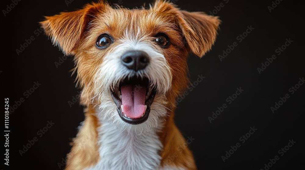 Amazed dog portrait with open mouth showcasing expressive joy against a dark background capturing playful canine emotions. Amazed dog portrait with open mouth showcasing expressive joy against a dark background capturing playful canine emotions.