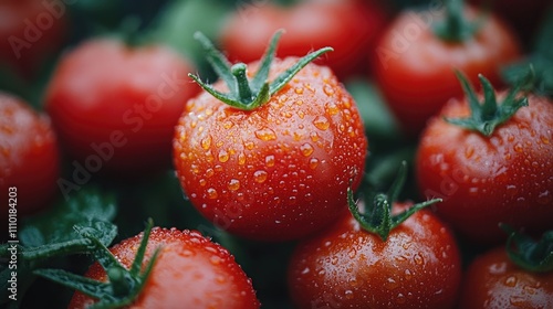 Fresh ripe tomatoes glistening with dew on a vine showcasing vibrant red color and healthy greenery ideal for culinary and gardening themes photo