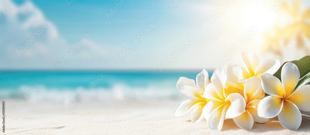 Tropical Plumeria Flowers on Sandy Beach with Ocean Waves in Luxury Resort Setting Ideal for Travel and Vacation Themes Tropical Plumeria Flowers on Sandy Beach with Ocean Waves in Luxury Resort Setting Ideal for Travel and Vacation Themes