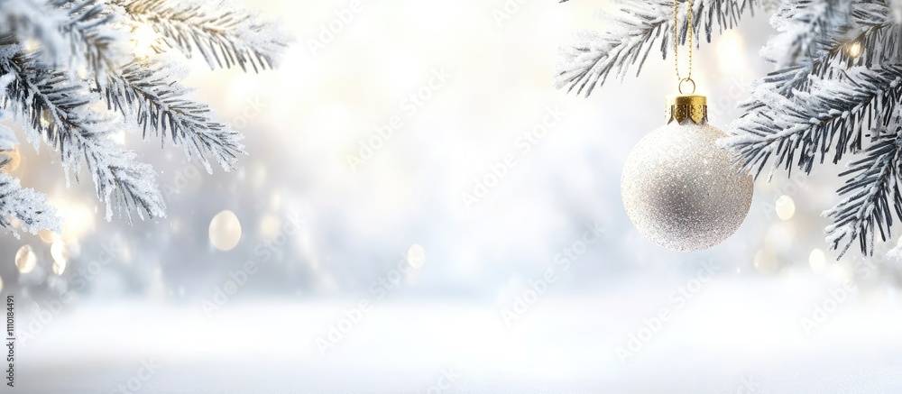 Christmas tree branches adorned with a glass bauble and glittery ornaments creating a festive and wintery atmosphere Christmas tree branches adorned with a glass bauble and glittery ornaments creating a festive and wintery atmosphere