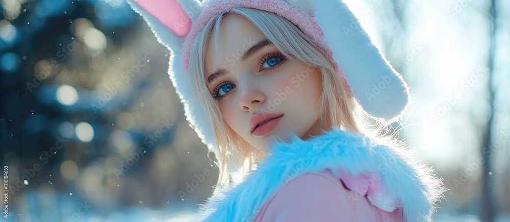 Fototapeta premium Timid girl in a bunny costume enjoying a serene moment in a snowy forest with soft snowflakes and sunlight filtering through trees.