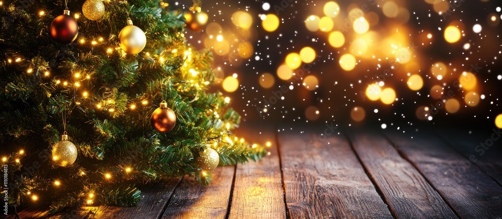 Naklejka premium Festive Christmas tree decorated with lights against a blurred backdrop of a holiday table and glowing bokeh for a warm seasonal atmosphere