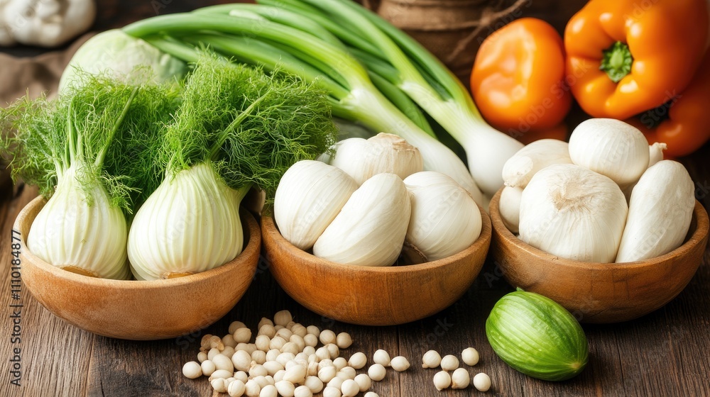 Assorted Fresh Vegetables Including Fennel Seeds Scallions Bell Peppers Onions and Mushrooms in Wooden Bowls on Wooden Table Assorted Fresh Vegetables Including Fennel Seeds Scallions Bell Peppers Onions and Mushrooms in Wooden Bowls on Wooden Table