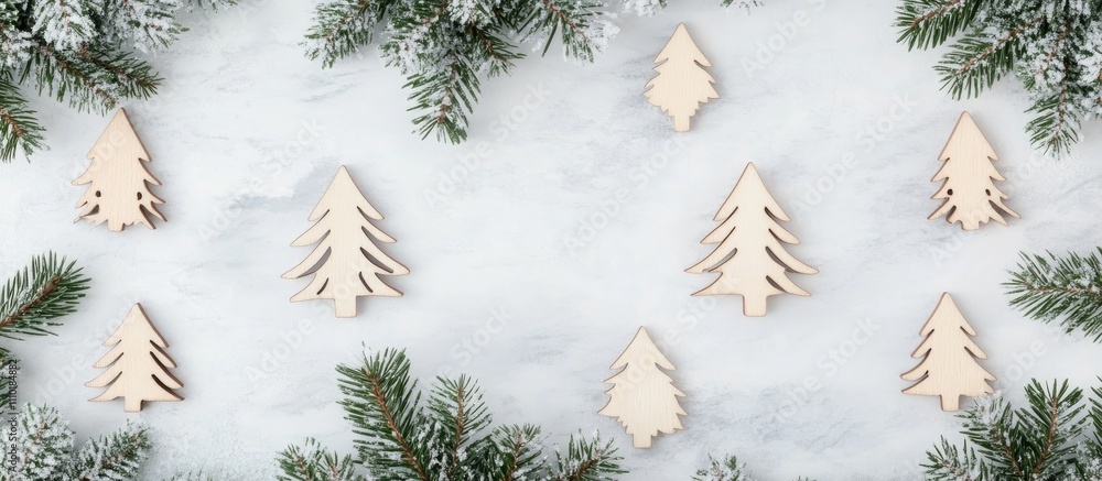 Wooden Christmas tree decorations surrounded by pine branches creating a festive holiday atmosphere for seasonal celebration designs Wooden Christmas tree decorations surrounded by pine branches creating a festive holiday atmosphere for seasonal celebration designs