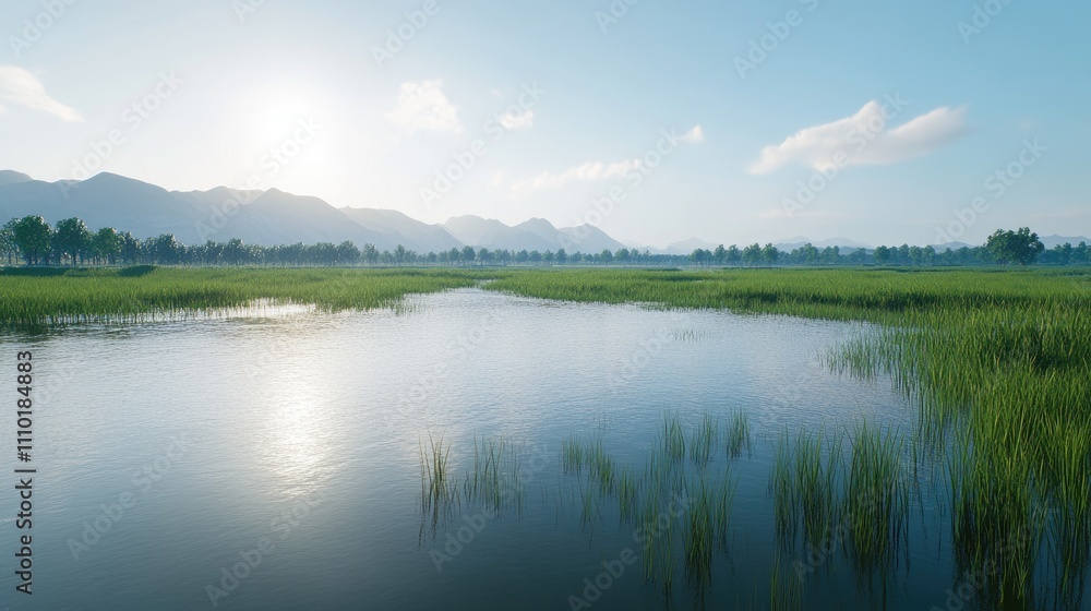 Lush green paddy field landscape reflecting sunlight on serene water near mountains under a clear blue sky Lush green paddy field landscape reflecting sunlight on serene water near mountains under a clear blue sky