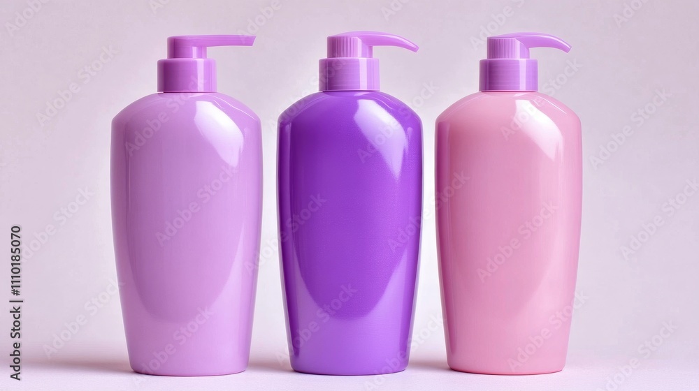 Purple and pink cosmetic bottles with pump lids arranged on a white background for skincare and hygiene product advertising Purple and pink cosmetic bottles with pump lids arranged on a white background for skincare and hygiene product advertising