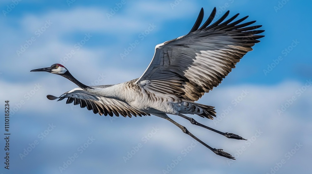 Fototapeta premium Majestic crane soaring gracefully through a vibrant blue sky with soft clouds in the background.