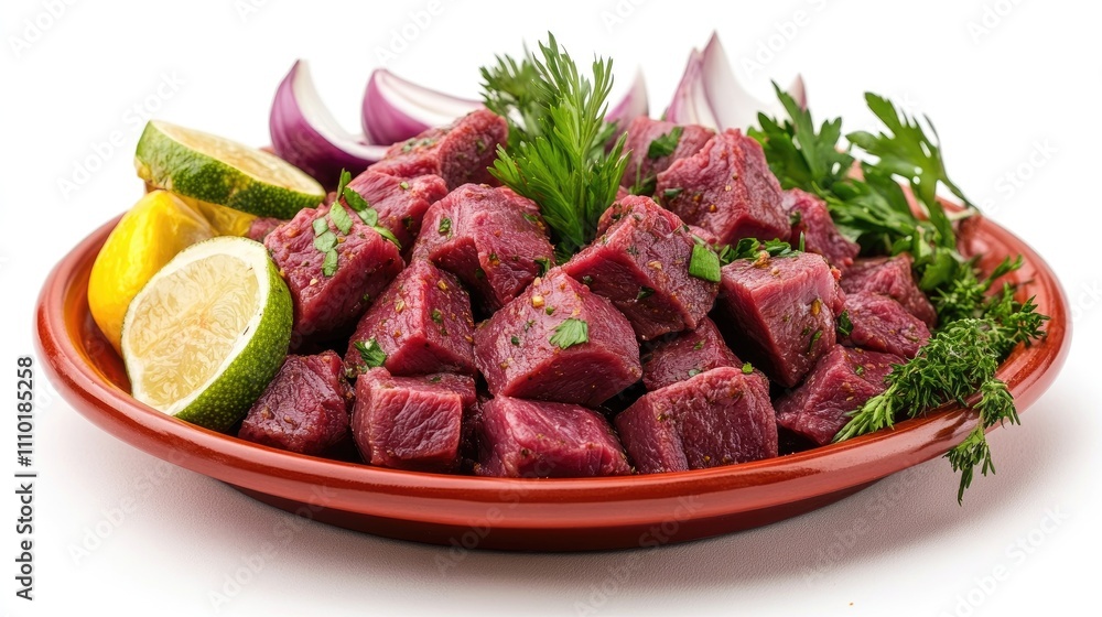 Fresh raw beef fillet medallion chunks garnished with herbs on a red plate with lemon and onion set against a white background Fresh raw beef fillet medallion chunks garnished with herbs on a red plate with lemon and onion set against a white background