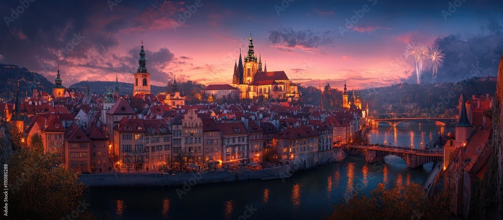 Fototapeta premium Colorful fireworks illuminating the night sky over a scenic river cityscape with historic architecture and a vibrant sunset backdrop.