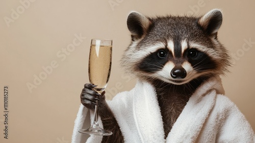 A raccoon dressed in a white terry robe is drinking champagne and relaxing at a spa. The concept of relaxation and self-care for women. Shot in a studio against a beige background. photo