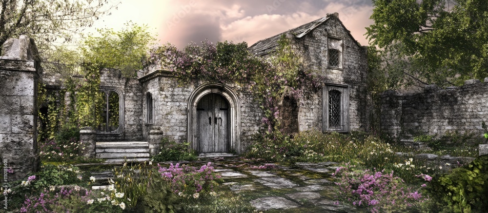 Abandoned stone houses in a lush overgrown village surrounded by blooming flowers and greenery under a dramatic sky Abandoned stone houses in a lush overgrown village surrounded by blooming flowers and greenery under a dramatic sky