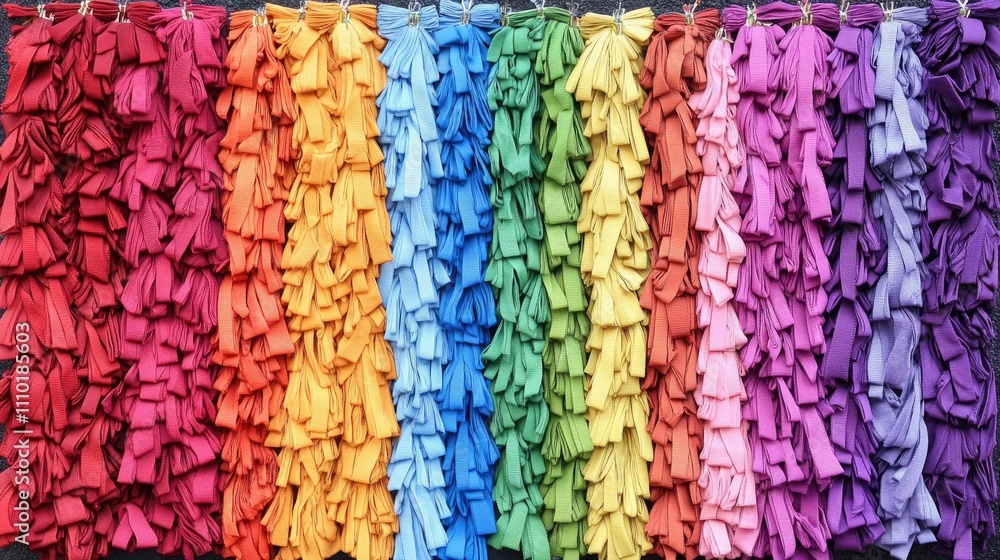 Vibrant fabric color chart featuring a spectrum of ruffled textiles in rainbow hues for design inspiration and color selection. Vibrant fabric color chart featuring a spectrum of ruffled textiles in rainbow hues for design inspiration and color selection.
