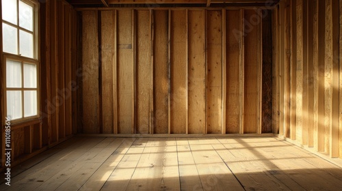 Empty under construction room with wooden walls and floor light showcasing renovation potential for rental living space or home interior design photo