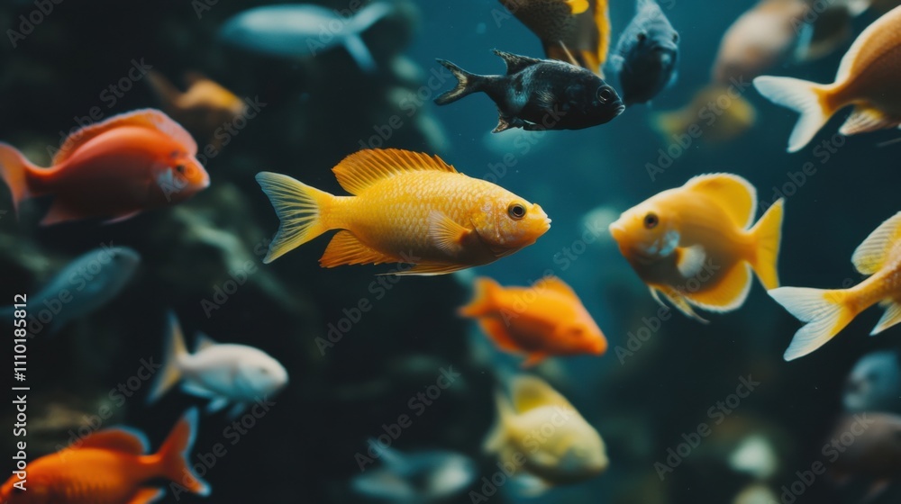 A variety of colorful fish swimming together in an aquarium, symbolizing harmony in diversity, minimalistic photography style A variety of colorful fish swimming together in an aquarium, symbolizing harmony in diversity, minimalistic photography style
