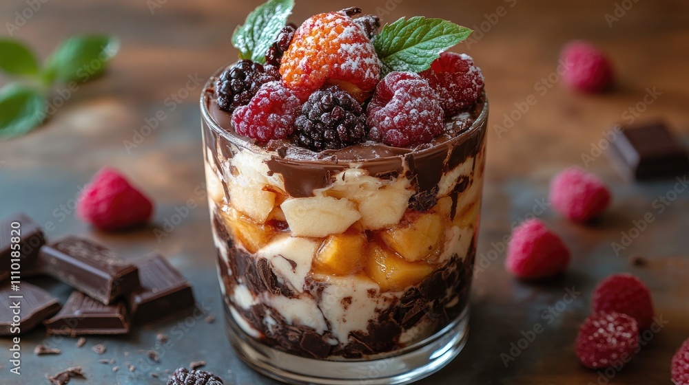 Delicious layered dessert in a glass with chocolate, fruits, and mint leaves on a wooden background Delicious layered dessert in a glass with chocolate, fruits, and mint leaves on a wooden background