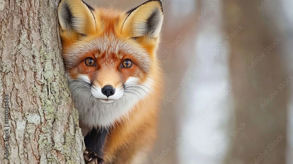 Young red fox gazing curiously from behind a tree in a serene forest setting showcasing its vibrant fur and captivating expression Young red fox gazing curiously from behind a tree in a serene forest setting showcasing its vibrant fur and captivating expression