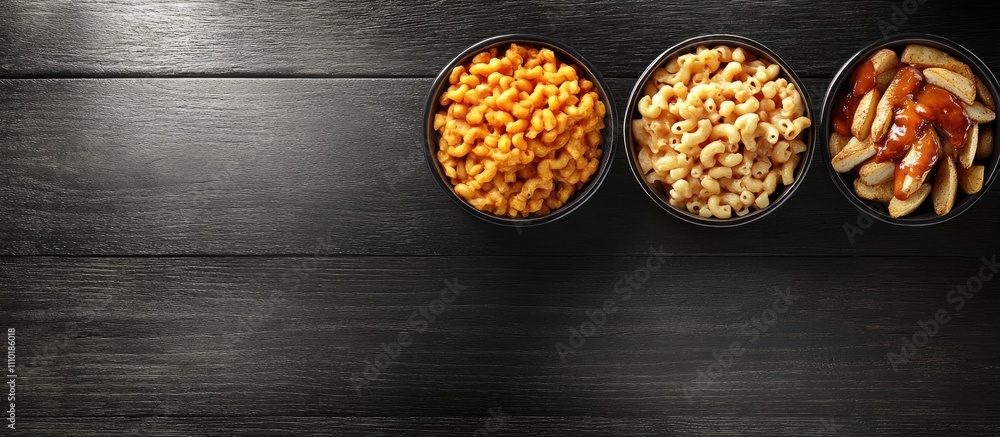 Fried chicken macaroni and cheese bowls with barbecue sauce on dark wooden table empty space for text or advertisement. Fried chicken macaroni and cheese bowls with barbecue sauce on dark wooden table empty space for text or advertisement.