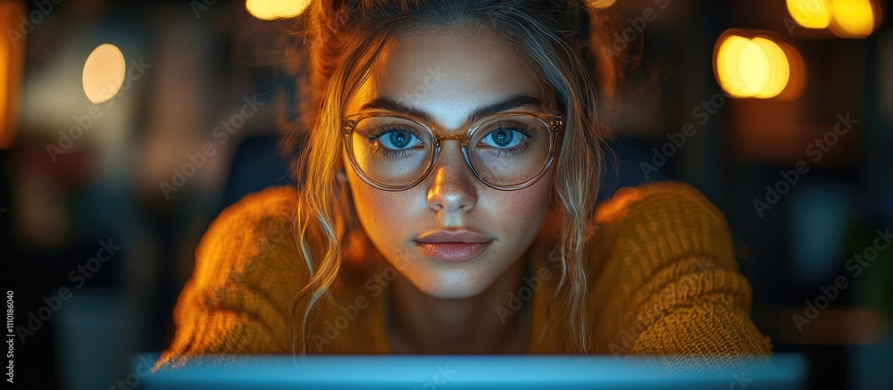 Focused young woman programming on a laptop at her desk surrounded by soft glow of lights in a cozy office setting Focused young woman programming on a laptop at her desk surrounded by soft glow of lights in a cozy office setting