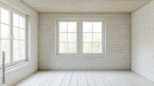 Interior view of unfinished residential building showcasing empty room with white brick walls, wooden ceiling, and large windows.