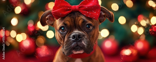 Christmas dog with red bow cozy home pet photography festive atmosphere close-up shot