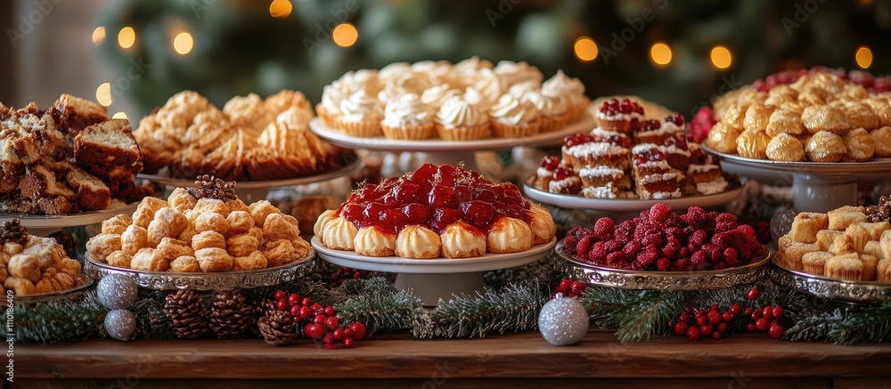 Festive table display of traditional Christmas desserts adorned with vibrant fruits and holiday decorations Festive table display of traditional Christmas desserts adorned with vibrant fruits and holiday decorations