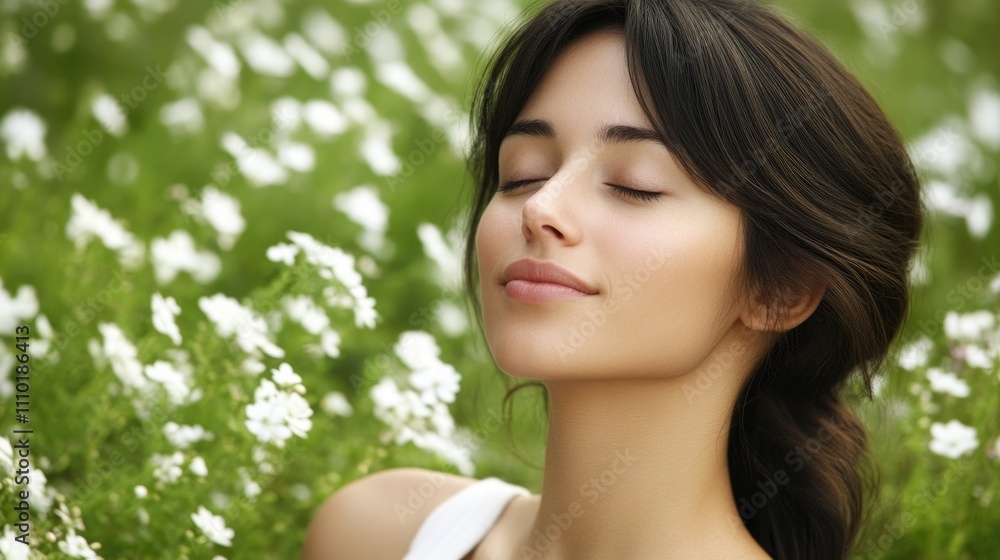 Young woman meditating peacefully in a flower-filled meadow promoting relaxation and mindfulness in a natural setting. Young woman meditating peacefully in a flower-filled meadow promoting relaxation and mindfulness in a natural setting.