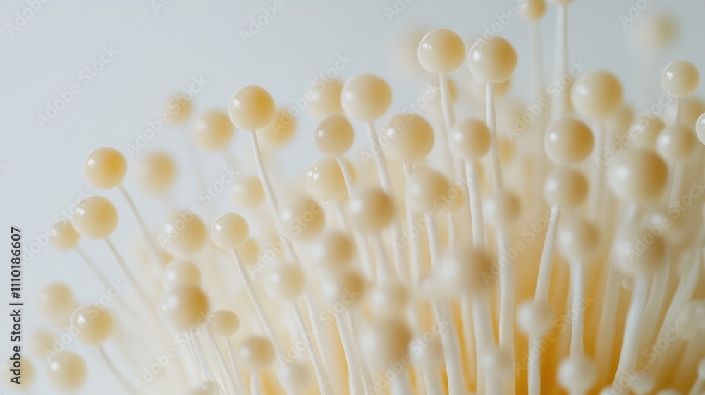 Enoki mushrooms clustered showcasing delicate texture and soft colors on a bright white background in an artistic close-up view Enoki mushrooms clustered showcasing delicate texture and soft colors on a bright white background in an artistic close-up view