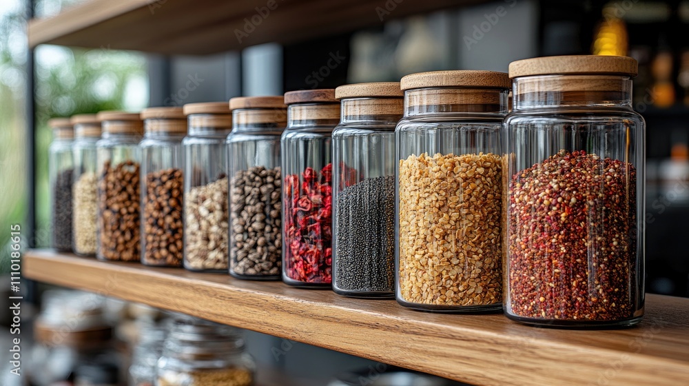 Glass jars with grains and spices neatly arranged on a wooden shelf in a modern kitchen setting showcasing organization and design elegance Glass jars with grains and spices neatly arranged on a wooden shelf in a modern kitchen setting showcasing organization and design elegance